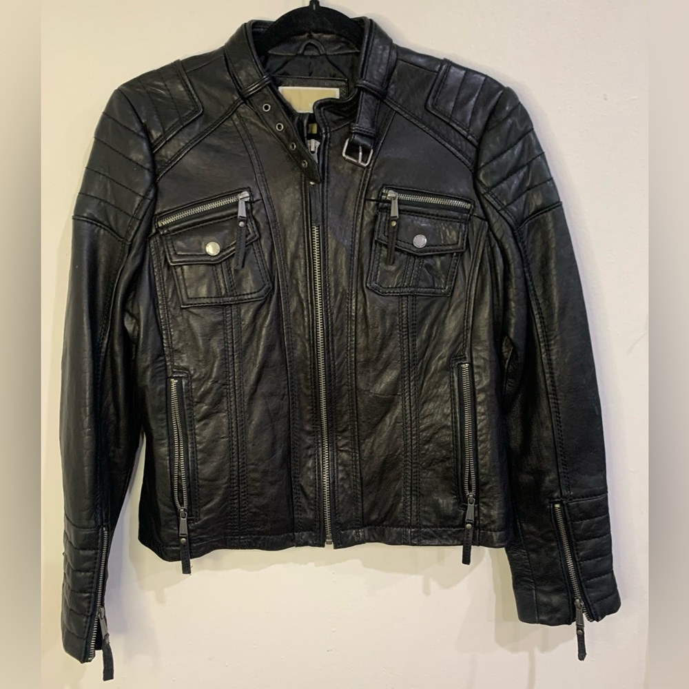 Michael Kors Bomber Biker Motorcycle Genuine Leather Jacket Quilted Trim Size PL - Picture 4 of 16